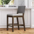 Tabouret de bar hauteur comptoir en bois brun foncé brossé et lin gris