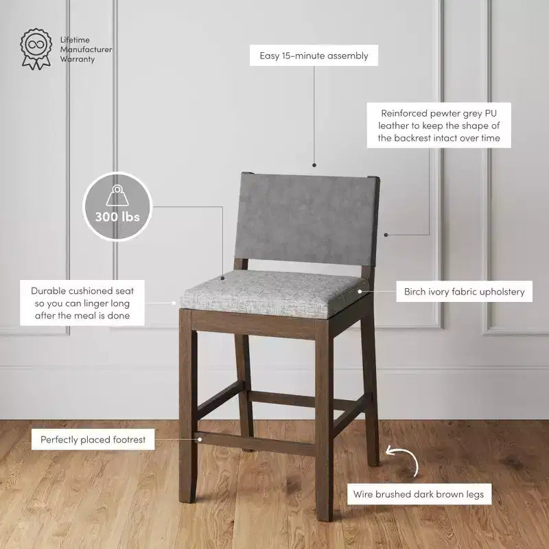 Tabouret de bar hauteur comptoir en bois brun foncé brossé et lin gris