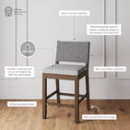 Tabouret de bar hauteur comptoir en bois brun foncé brossé et lin gris