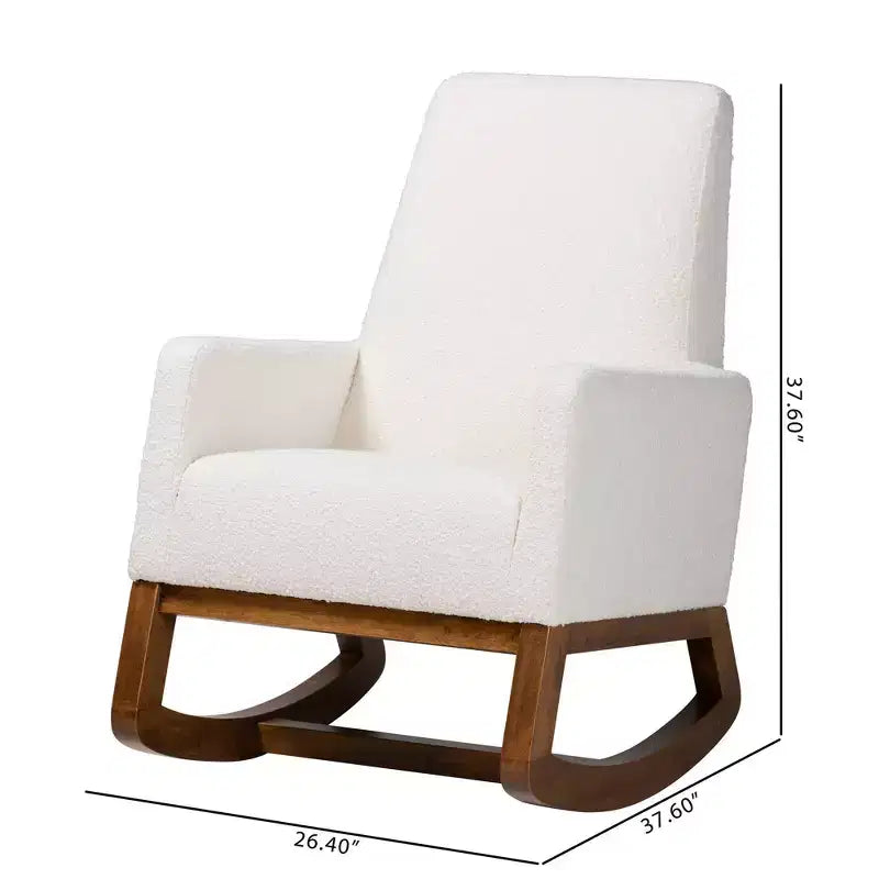 Fauteuil à bascule en tissu d'ameublement et bois, blanc cassé/brun noyer
