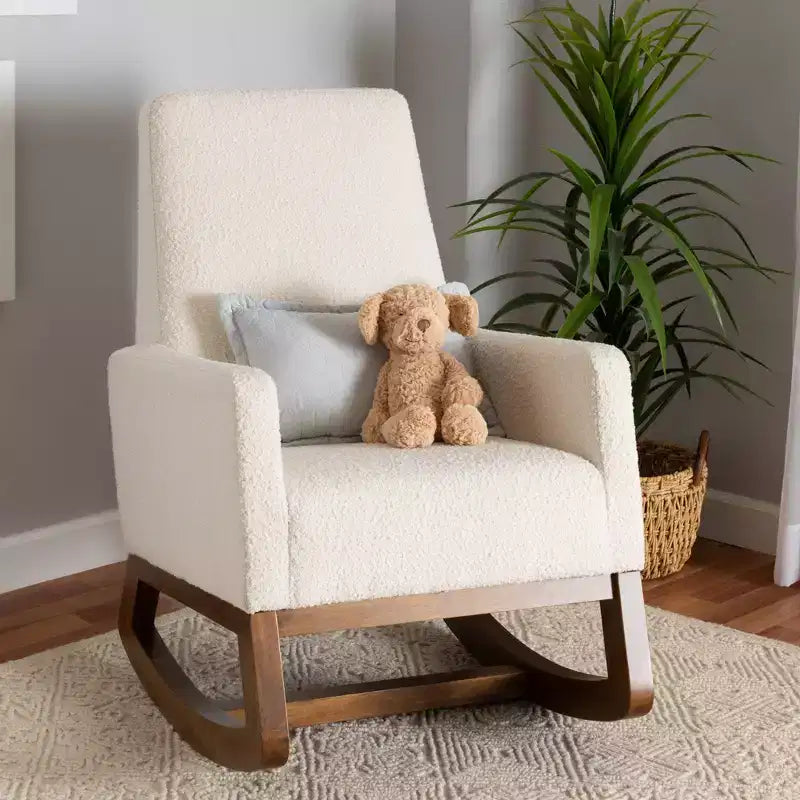 Fauteuil à bascule en tissu d'ameublement et bois, blanc cassé/brun noyer