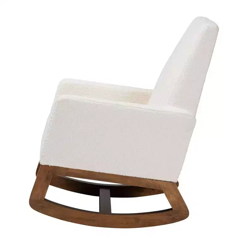 Fauteuil à bascule en tissu d'ameublement et bois, blanc cassé/brun noyer