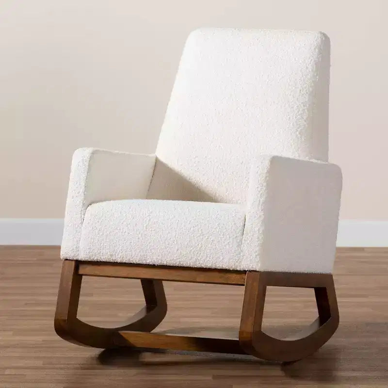 Fauteuil à bascule en tissu d'ameublement et bois, blanc cassé/brun noyer