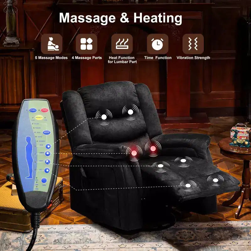 Fauteuil inclinable avec chauffage et massage, pivotant à 360 degrés, en tissu et fonction bascule