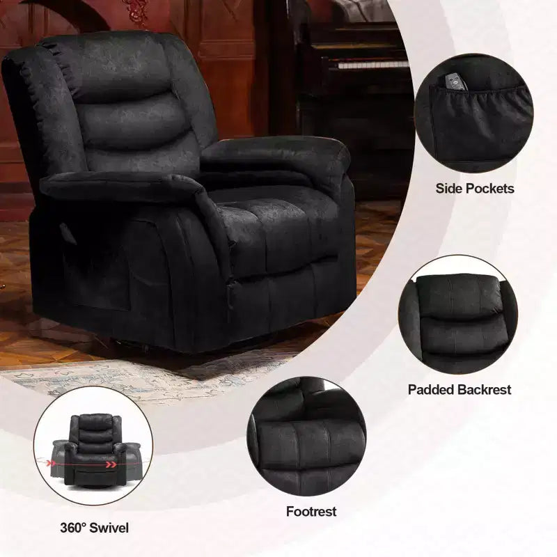 Fauteuil inclinable avec chauffage et massage, pivotant à 360 degrés, en tissu et fonction bascule