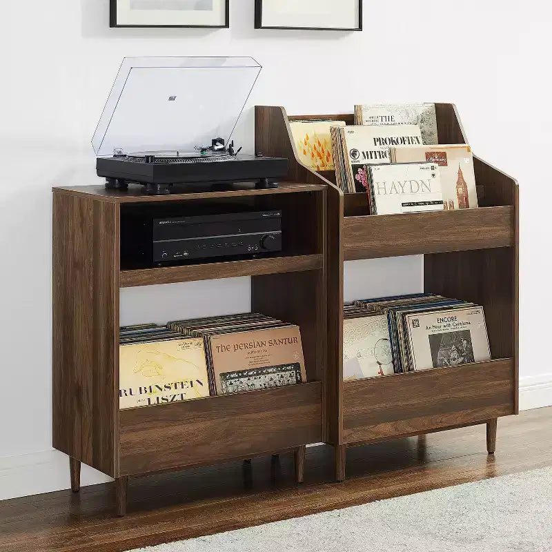 Meuble pour platine vinyle et rangement de vinyles Noyer