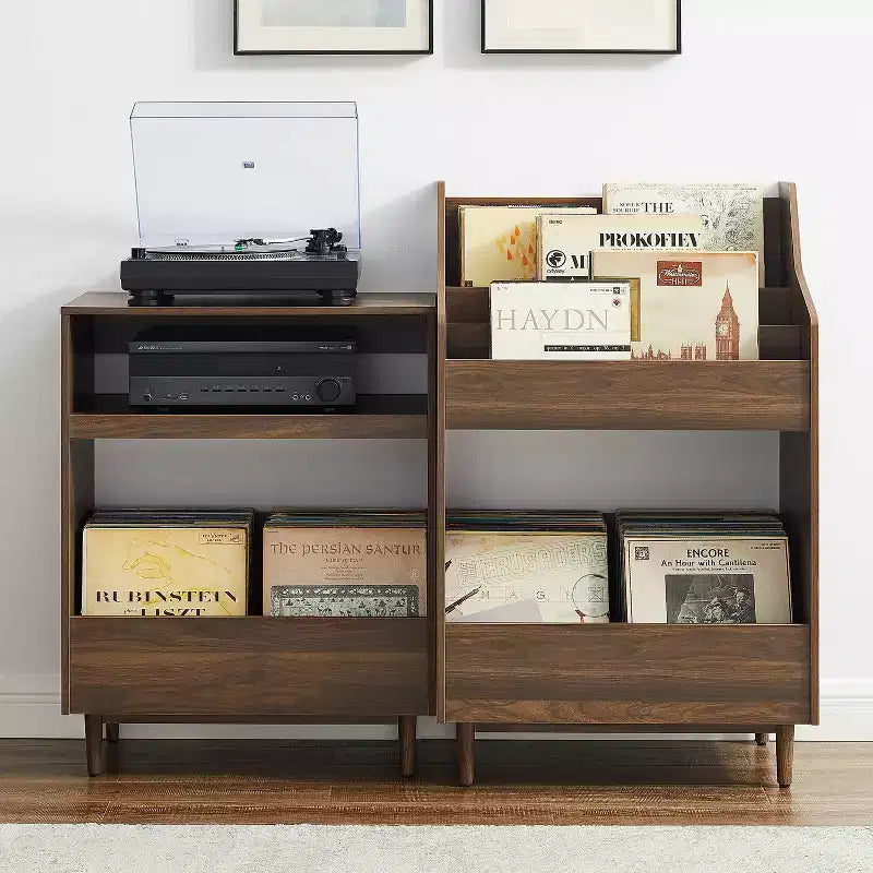 Meuble pour platine vinyle et rangement de vinyles Noyer