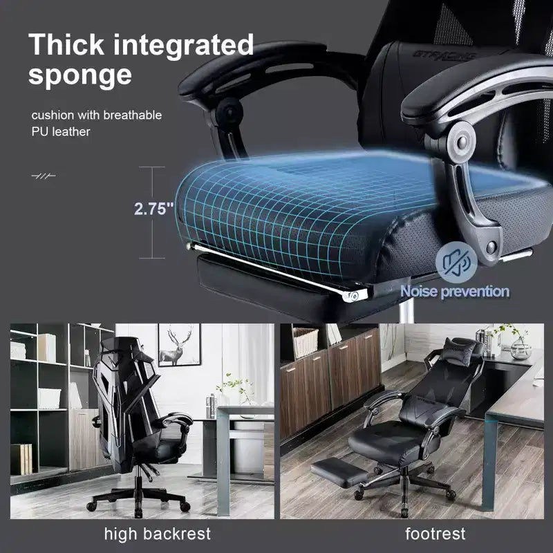 Chaise de bureau gaming en maille ergonomique inclinable avec repose-pieds noir