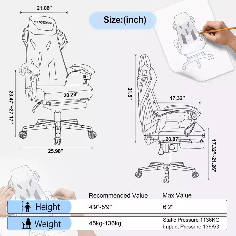Chaise de bureau gaming en maille ergonomique inclinable avec repose-pieds noir