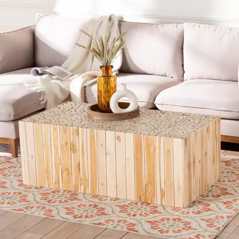 Table basse en teck avec pieds uniques en bûches de bois recyclées - Naturel