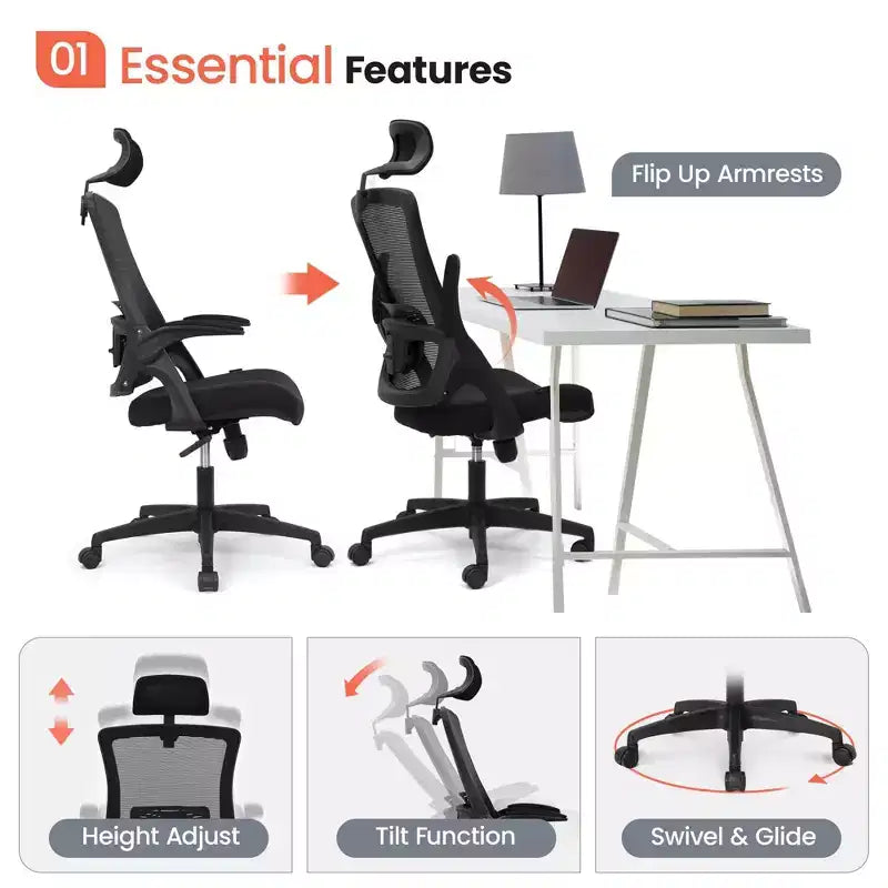 Chaise de bureau ergonomique pivotante avec appui-tête et support lombaire