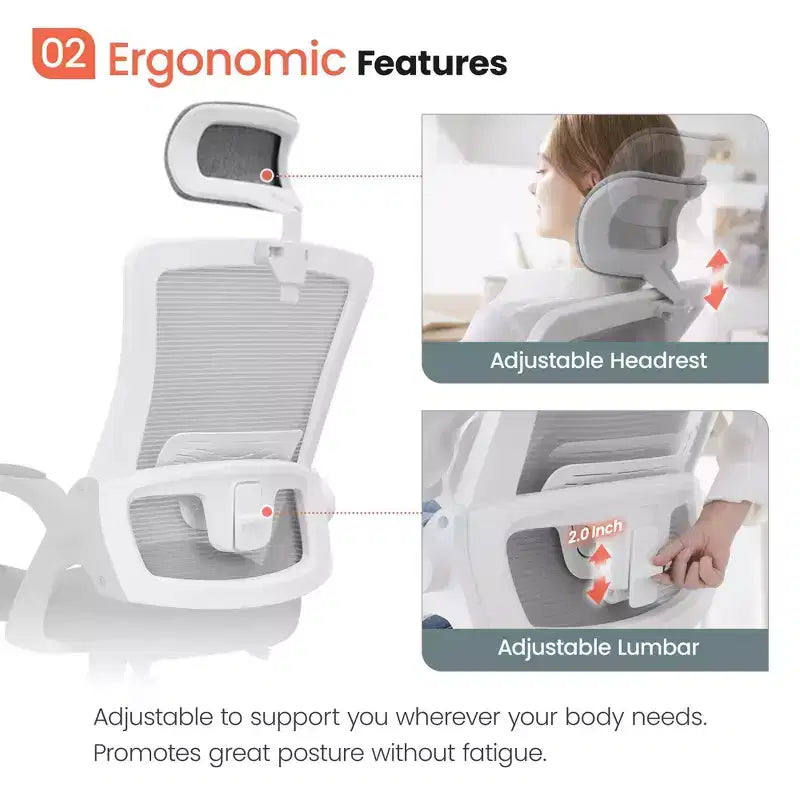 Chaise de bureau ergonomique pivotante avec appui-tête et support lombaire