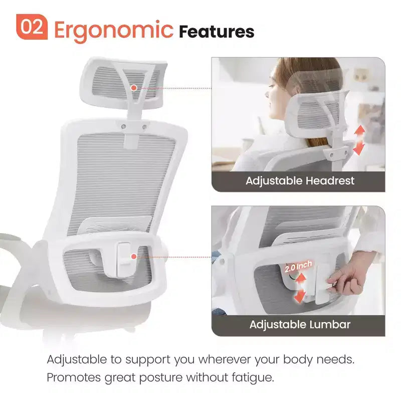 Chaise de bureau ergonomique pivotante avec appui-tête et support lombaire