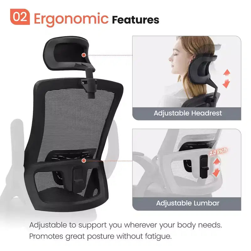 Chaise de bureau ergonomique pivotante avec appui-tête et support lombaire