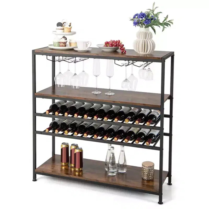 Table à vin rustique à 5 niveaux, casier à vin pour 22 bouteilles autoportant avec porte-verres
