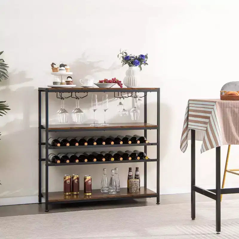 Table à vin rustique à 5 niveaux, casier à vin pour 22 bouteilles autoportant avec porte-verres