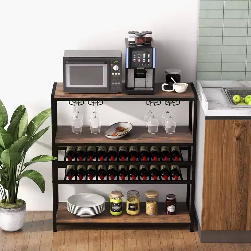 Table à vin rustique à 5 niveaux, casier à vin pour 22 bouteilles autoportant avec porte-verres