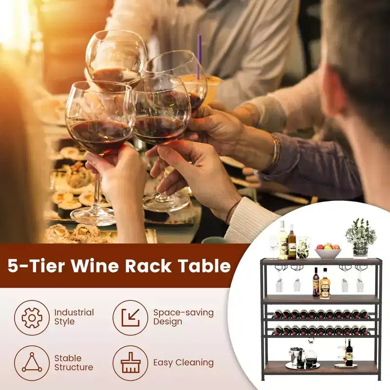 Table à vin rustique à 5 niveaux, casier à vin pour 22 bouteilles autoportant avec porte-verres