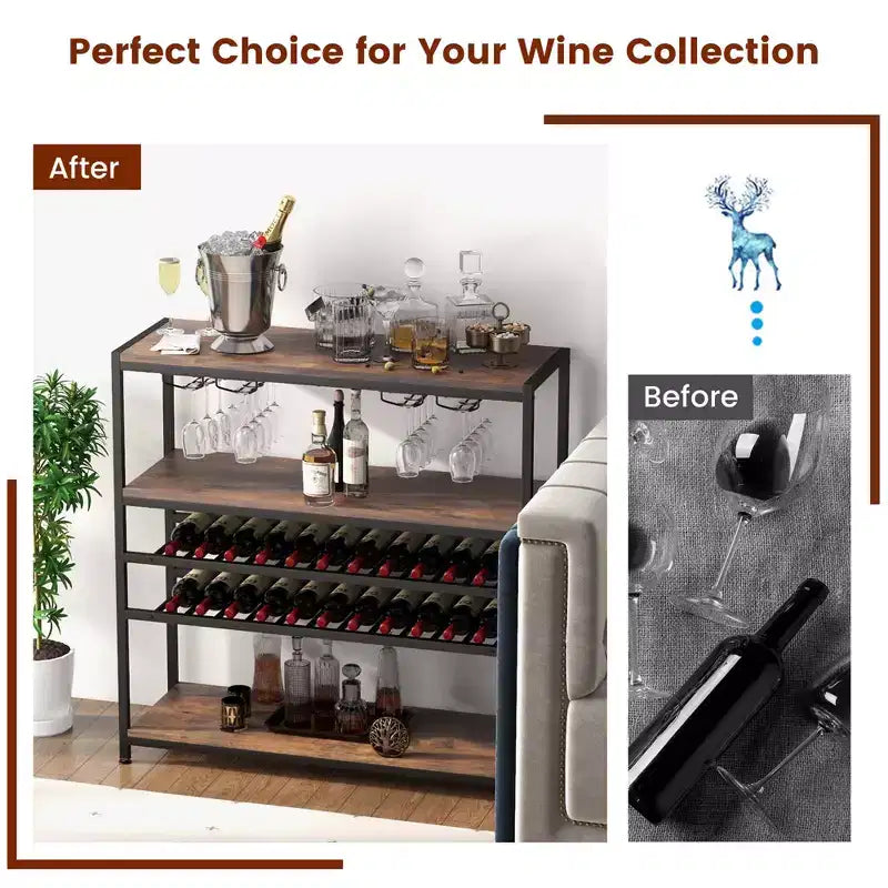 Table à vin rustique à 5 niveaux, casier à vin pour 22 bouteilles autoportant avec porte-verres