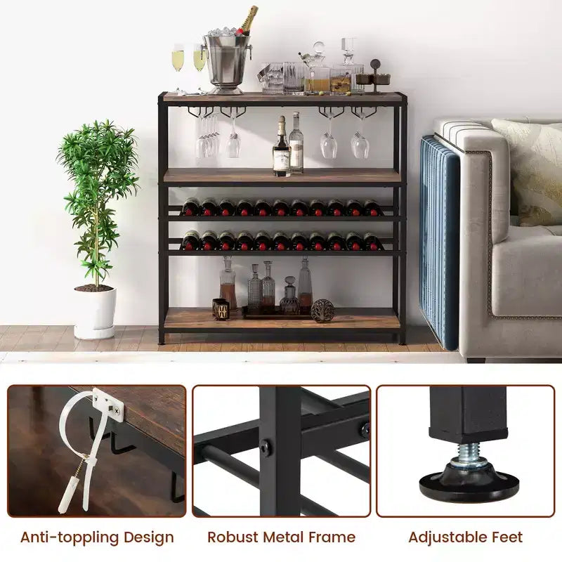 Table à vin rustique à 5 niveaux, casier à vin pour 22 bouteilles autoportant avec porte-verres