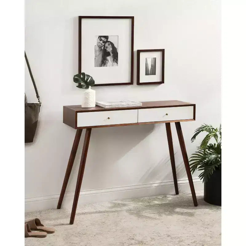 Console en bois rectangulaire, brun noyer et blanc