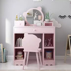 WhizMax Kids Vanity 2 in 1 Princess Makeup Desk & Chair Set with Drawers Storage Shelves Toddler Dressing Table Pink