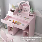 Coiffeuse pour enfants 2-en-1 bureau et chaise de maquillage princesse avec tiroirs et étagères de rangement