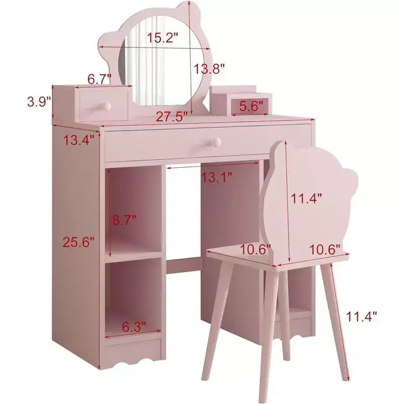 Coiffeuse pour enfants 2-en-1 bureau et chaise de maquillage princesse avec tiroirs et étagères de rangement