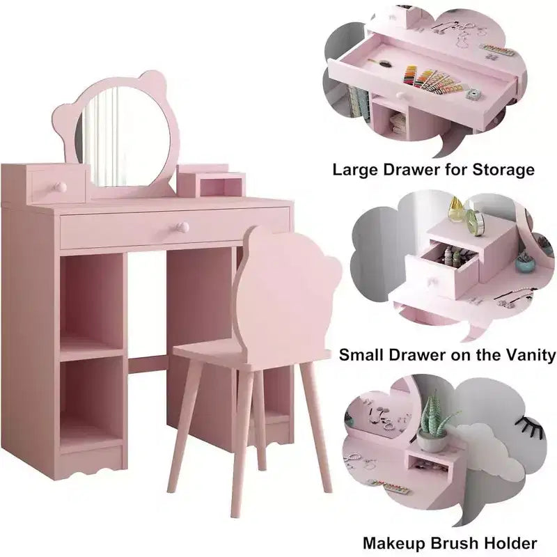 Coiffeuse pour enfants 2-en-1 bureau et chaise de maquillage princesse avec tiroirs et étagères de rangement