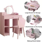 Coiffeuse pour enfants 2-en-1 bureau et chaise de maquillage princesse avec tiroirs et étagères de rangement