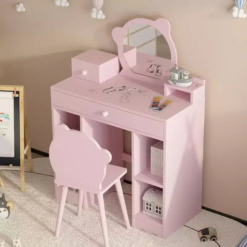 Coiffeuse pour enfants 2-en-1 bureau et chaise de maquillage princesse avec tiroirs et étagères de rangement