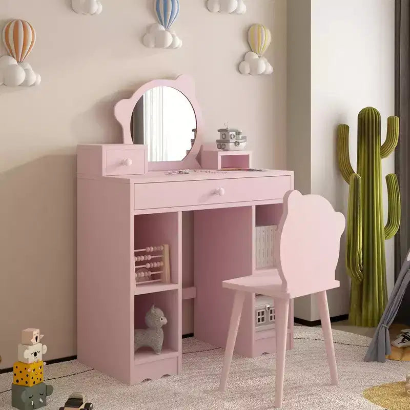 Coiffeuse pour enfants 2-en-1 bureau et chaise de maquillage princesse avec tiroirs et étagères de rangement