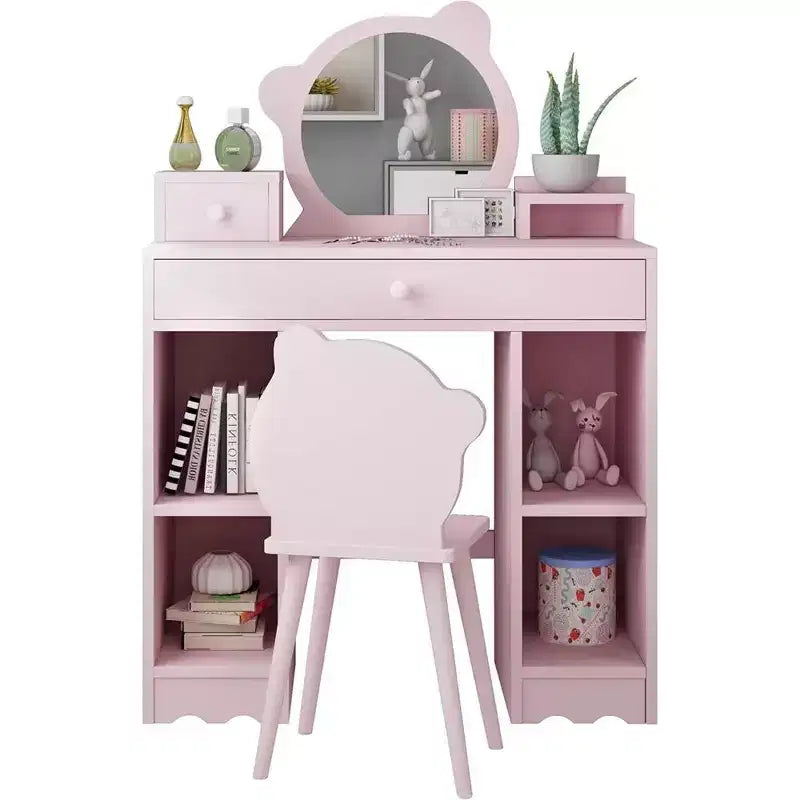 Coiffeuse pour enfants 2-en-1 bureau et chaise de maquillage princesse avec tiroirs et étagères de rangement