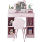 Coiffeuse pour enfants 2-en-1 bureau et chaise de maquillage princesse avec tiroirs et étagères de rangement